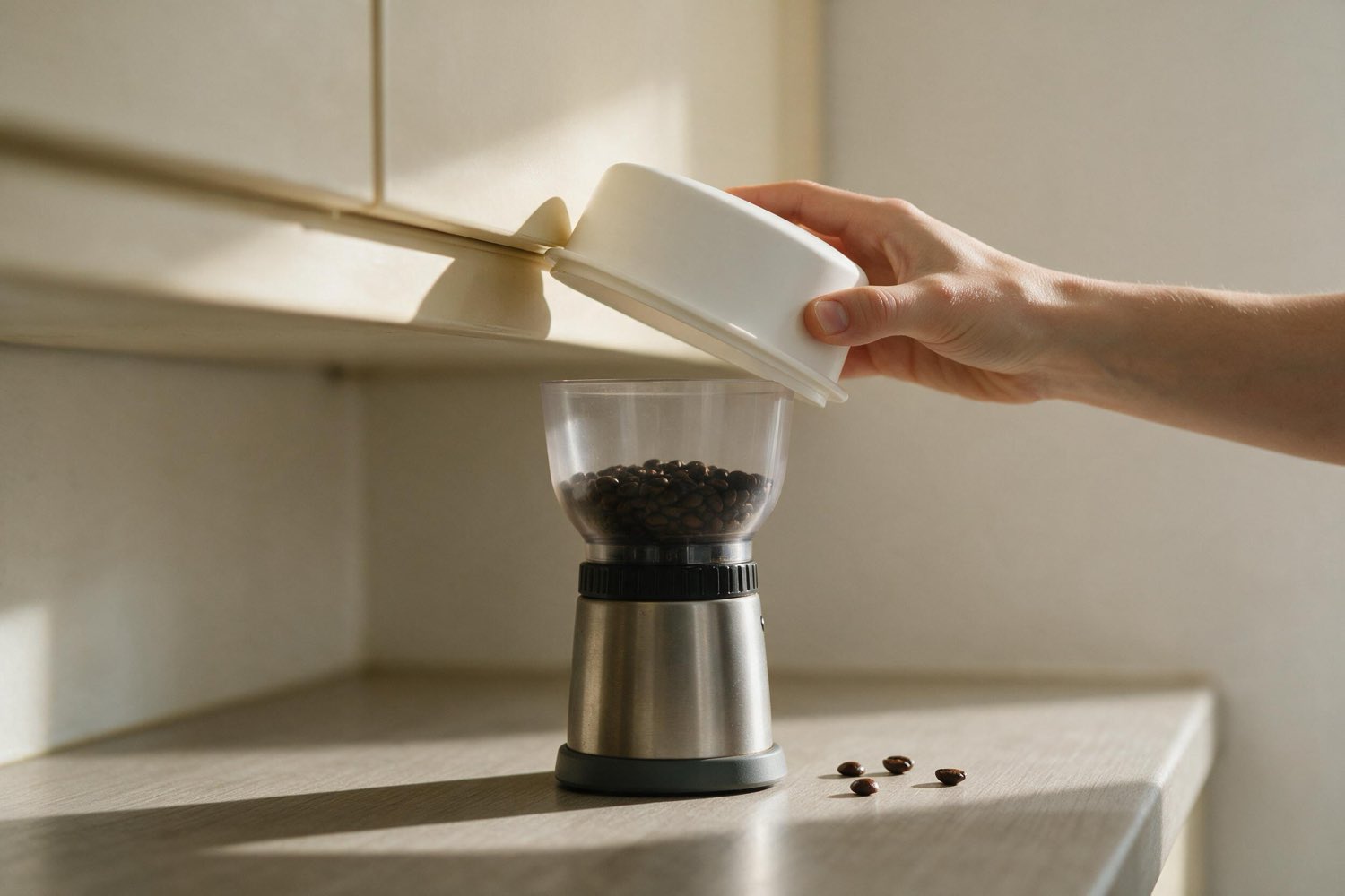 A hand lifting the bean hopper lid off a burr grinder standing on a counter beneath an upper cabinet. The lid is tilted up and all but touching the cabinet underside, with a few beans on the counter beside the grinder.