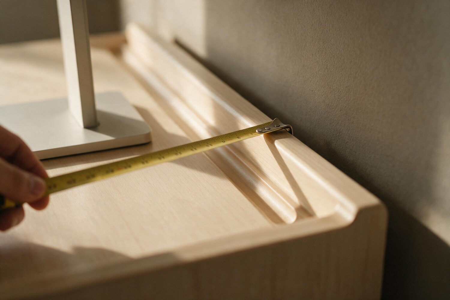 The back edge of a desk seen close up from above, with a tape measure laid across it. A moulded cable channel runs the length of the edge and the corner is rounded, so there is no flat run of edge for a clamp to close on. A monitor stand base sits at the left of frame.