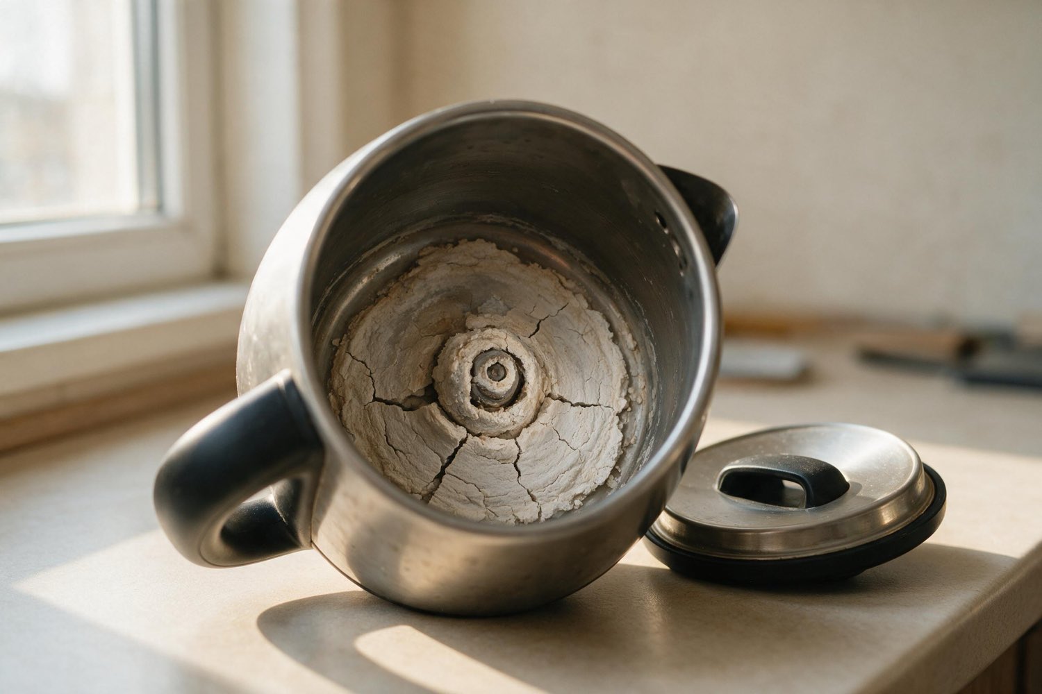 An electric kettle opened on a counter by a window, its lid set beside it. Inside, a thick pale limescale crust covers the base and the element, cracked across like dried clay.